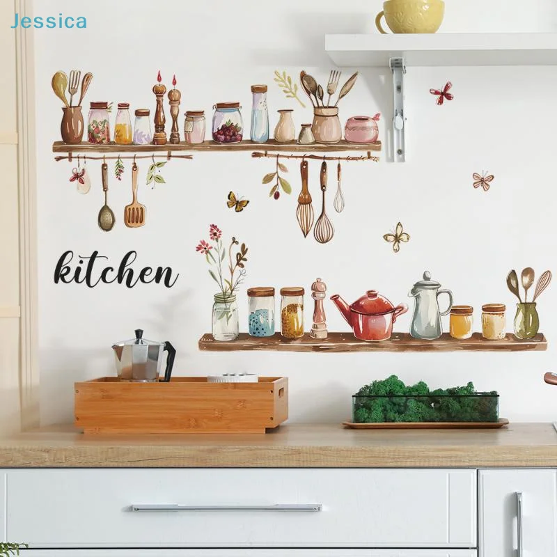 ♥Watercolor Kitchen Shelf Wall Stickers - Utensil & Jar Decor Decals, Removable Kitchen Wall Art