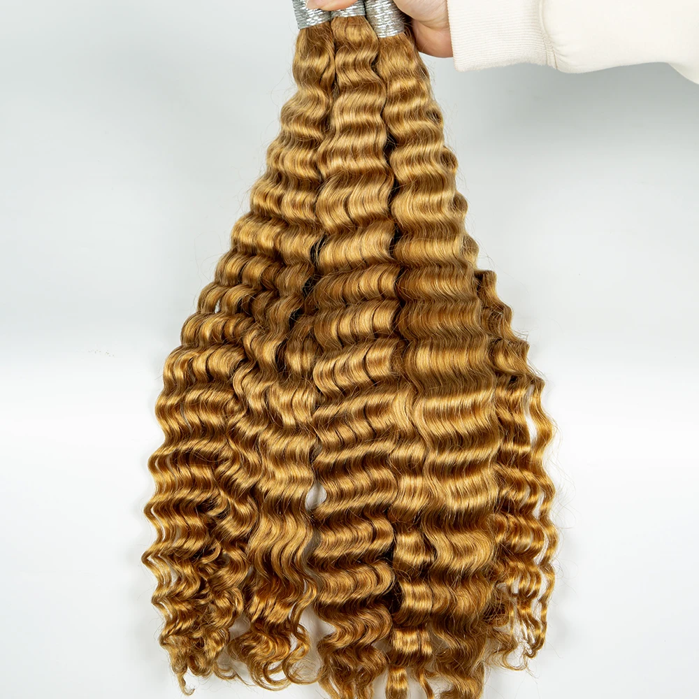 Extensiones de cabello rubio sin trama para mujer, cabello rizado de onda profunda a granel, extensiones de cabello a granel, extensiones de cabello