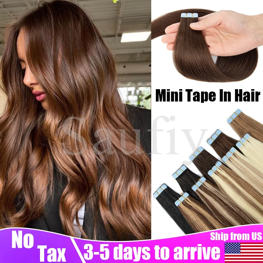 

Mini Tape in Human Hair Extensions Double Side Invisible Seamless Tape in Hair 10pcs Natural Straight Black Brown Blonde Hair