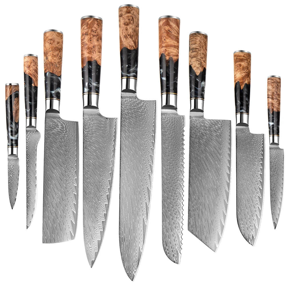 Damascus Steel Kitchen Knives 1-9 PCS High Quality Chef Chopping Vegetable Slicing Deboning Bread Knife Black Resin Handle