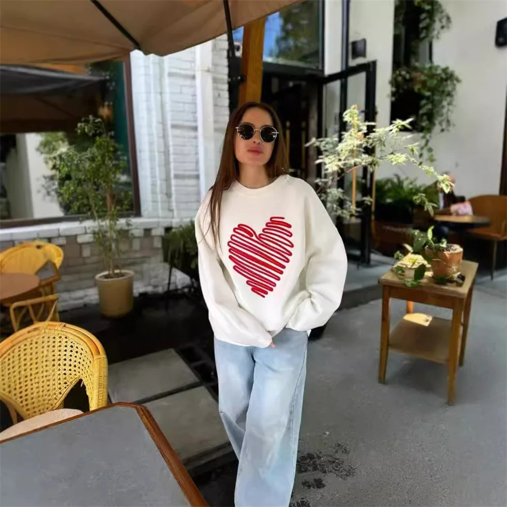 Casual Heart Embroidery Knitted Pullover for Women Autumn Winter White Loose O Neck Long Sleeve Cute Sweater Female Streetwear