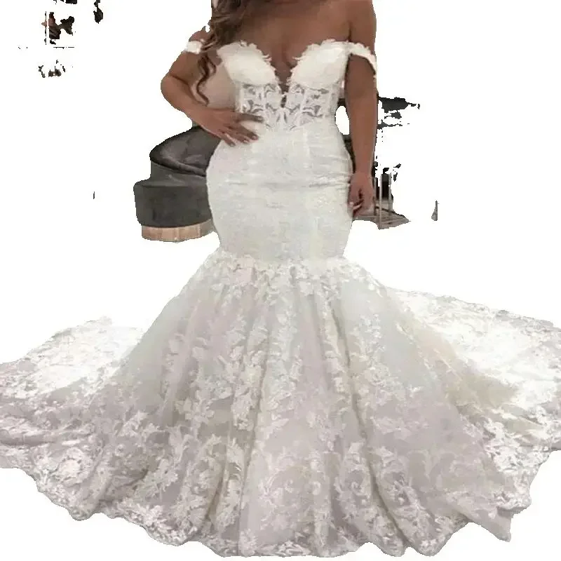 Customized Wonderful V Neck Lace Appliques Vestido De Novia Sweep Train Off The Shoulder Corset Back Mermaid Bridal Dresses