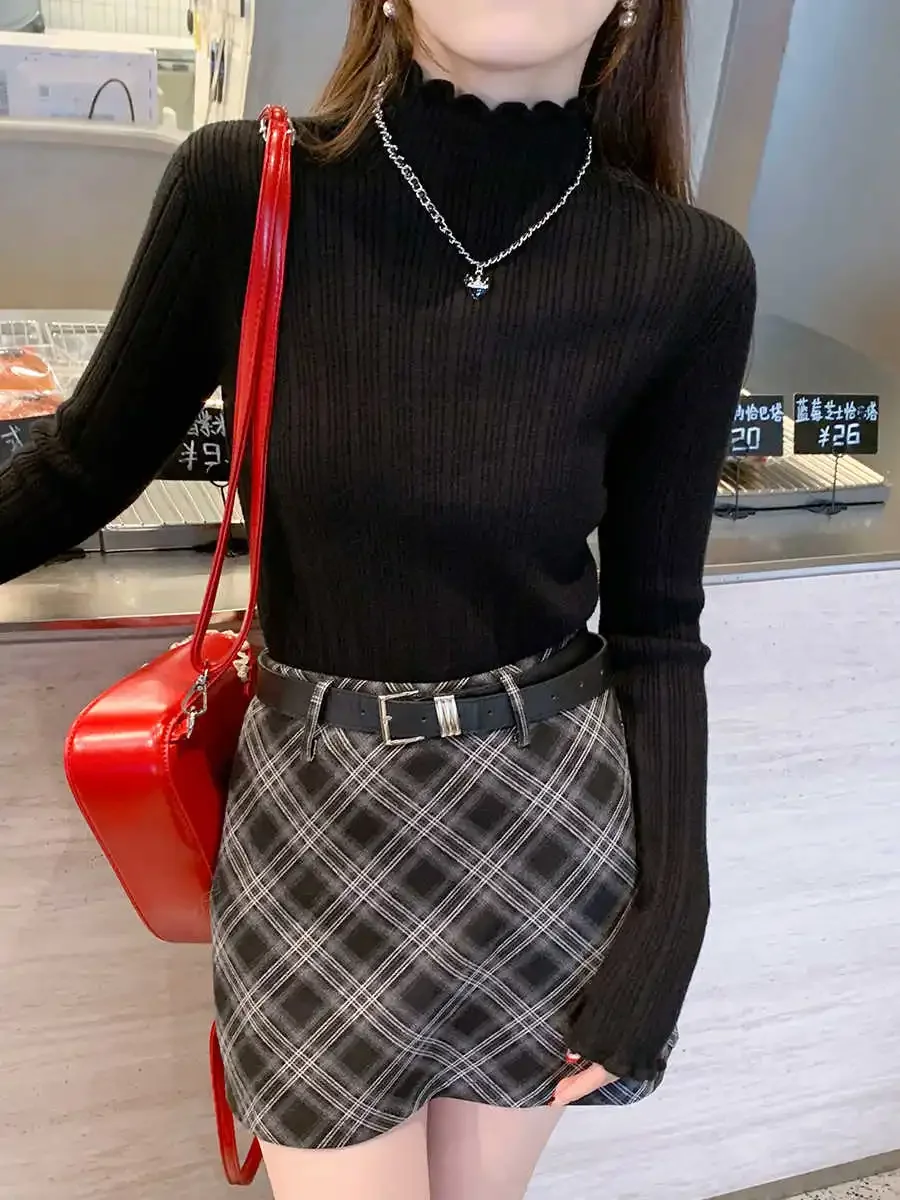 2025 Tops suaves de manga larga para mujer, jerséis de punto con cuello alto para otoño e invierno, suéter fruncido versátil informal, Top de capa Base delgada