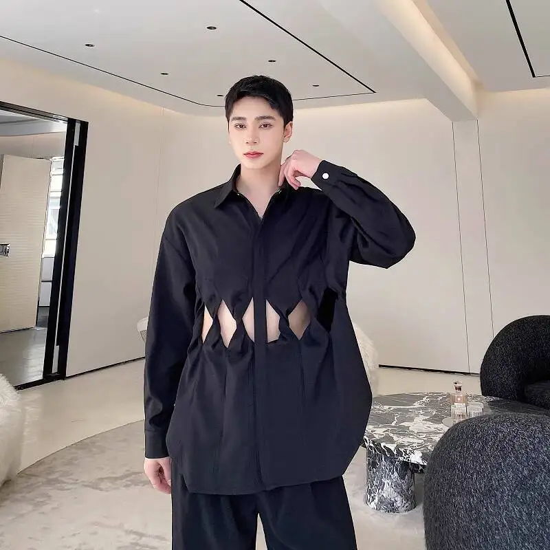 WTHT Fashion Men's Hollow Out Pleated Design Shirts Trendy 2025 Autumn Solid Color Laple Single-breasted Tops Male 2A1967