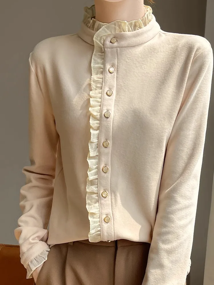 가을 겨울 양면 벨벳 스탠드 칼라 여성 슬림핏 따뜻한 탑 아우터웨어