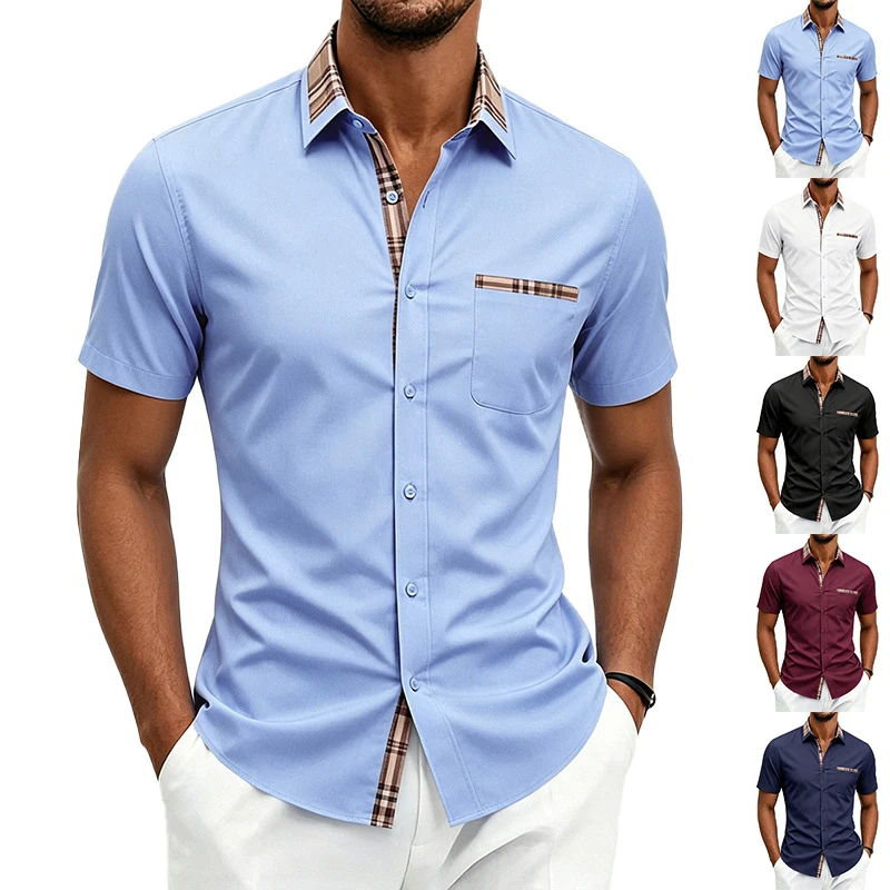 Men American Summer Color Block Lapel Short Sleeve Shirt, Stretch Breathable Wrinkle Free Shirts Business Casual EU Wholesale