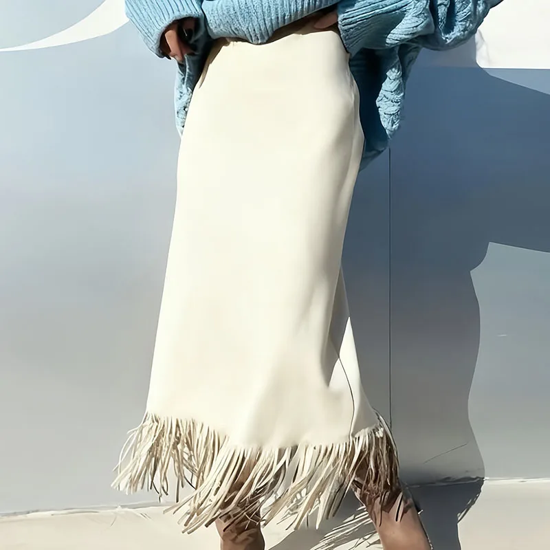 2026 Spring Elegant Slim H-shaped Long Skirt for Woman Vintage Solid Suede Tassel Skirt Autumn Casual High Waist Female Clothing