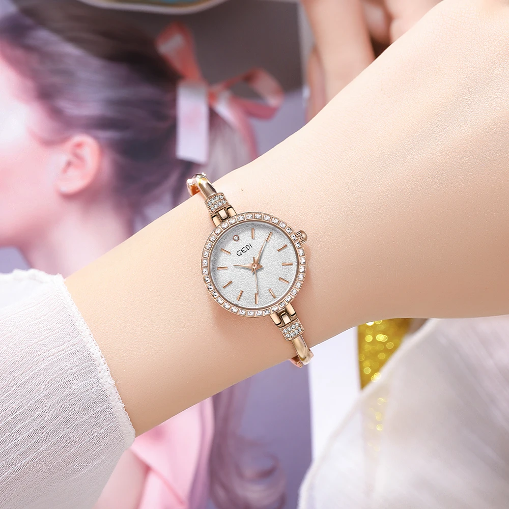 GEDI Elegant Women Quartz Wrist Watches Diamond Bezel Frosted Dial Plate Waterproof Ladies Jewelry Watch Silvery Watch for Women