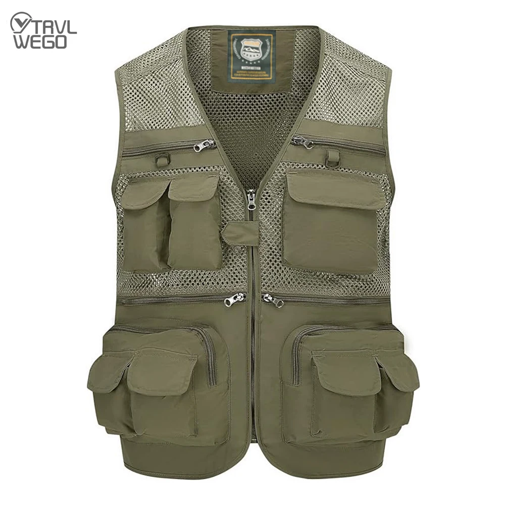 TRVLWEGO Men's Hiking Mesh Breathable Openwork Camouflage Journalist Photographer Fishing Vest Waistcoat Camping Jacket Coat