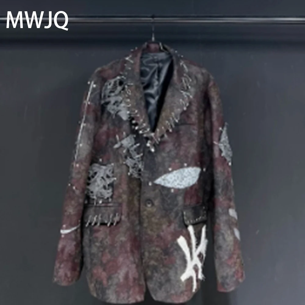 

MWJQ Wine Red Knitting Light Flower Printed Design Blazer Men Autumn Fashion New Long Sleeve Lapel Clasp NIche Design Top 010370