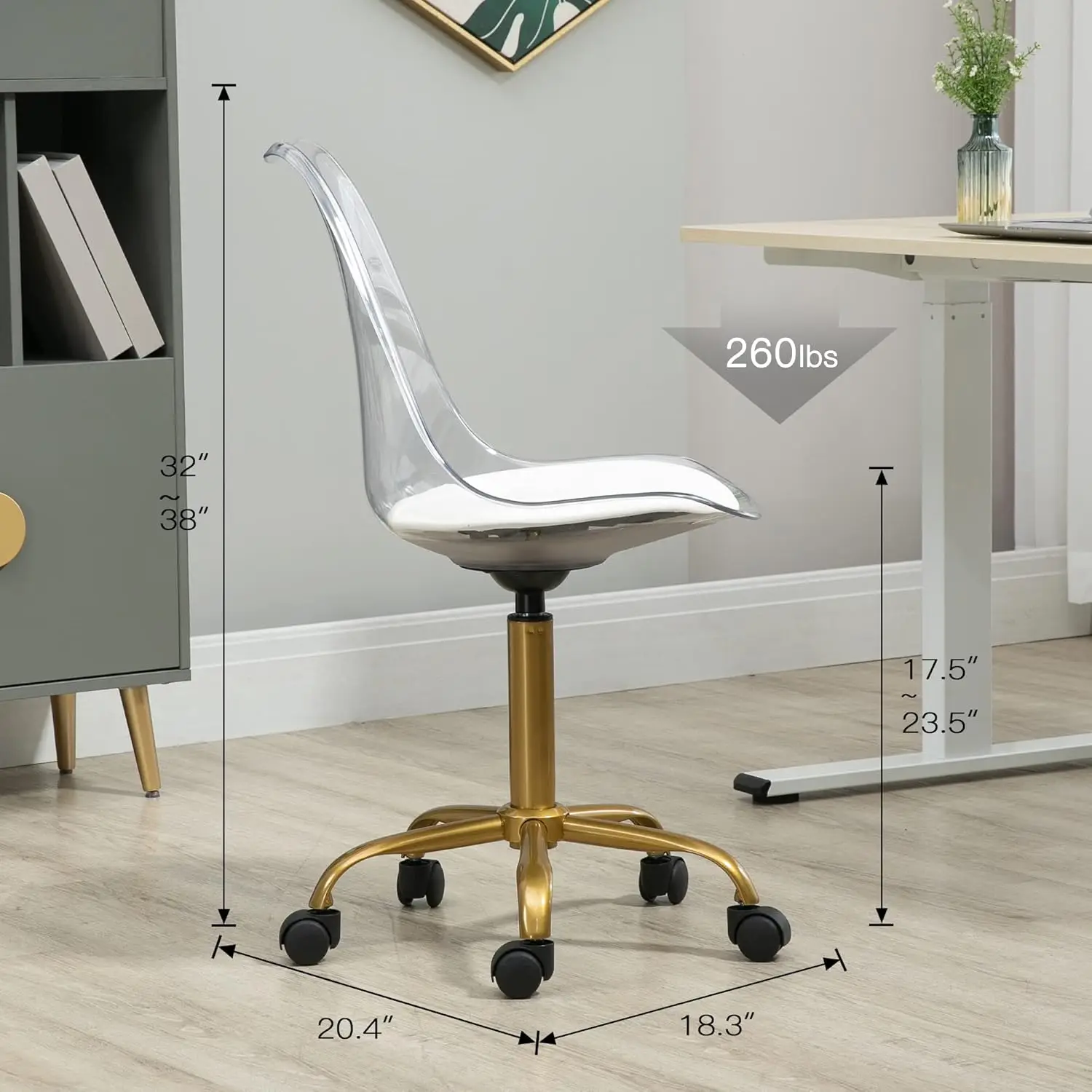 Acrylic Clear Desk Chair, Modern Small Cute Armless Vanity Rolling Plastic Chair Home Office Lucite Ghost Chairs Cushion Padded