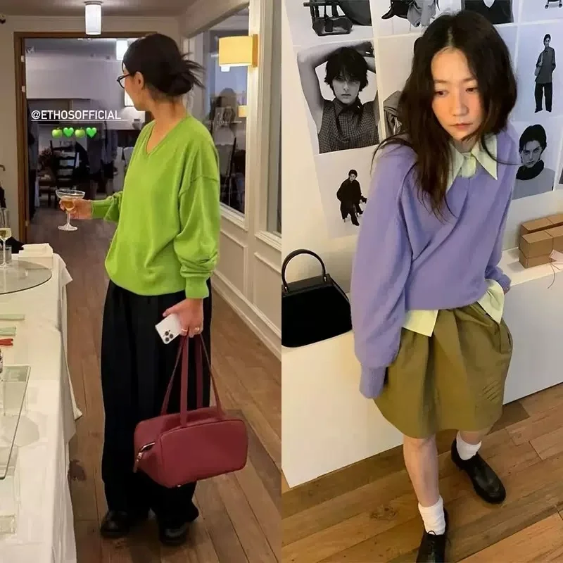 

Simple Commute V-Ne Loose Knitted Sweater Autumn Winter New Sle Women's Casual Cotton Long Sve Collar Top