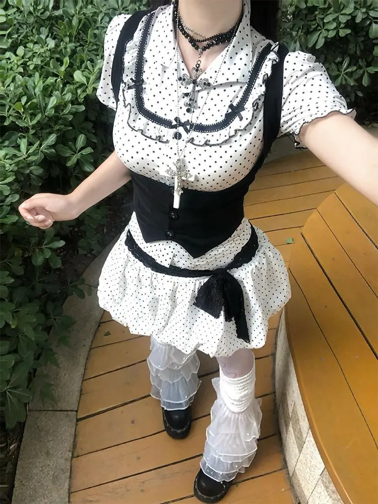 New Subculture 2000s Aesthetic 3 Piece Set Women Chic Polka Dot Tops + Black Vest + Mini Skirts Harajuku Y2k High Street Outfits view 2