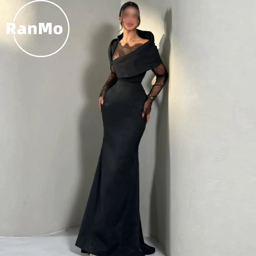 Ranmo Maßgeschneidertes Vintage 2026 Abendkleid mit Flügelärmeln, Spitzenausschnitt, transparenten Ärmeln, figurbetontes Geburtstagskleid aus schwarzem Satin