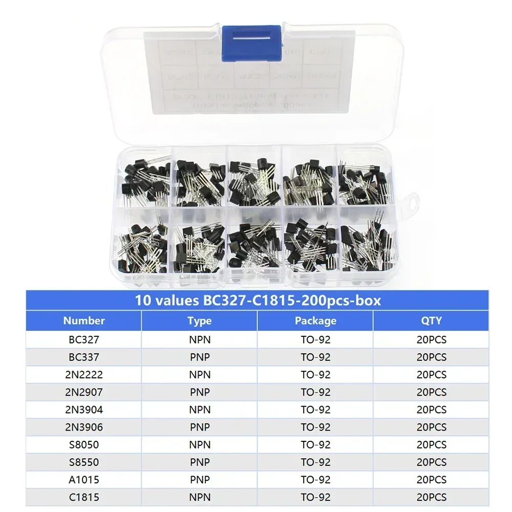 Transistor Assortment Kit TO92 PNP/NPN A1015 BC327 BC337 C1815 S8850 2N2222 2N2907 2N3904 2N3906 for Electronics DIY Repair