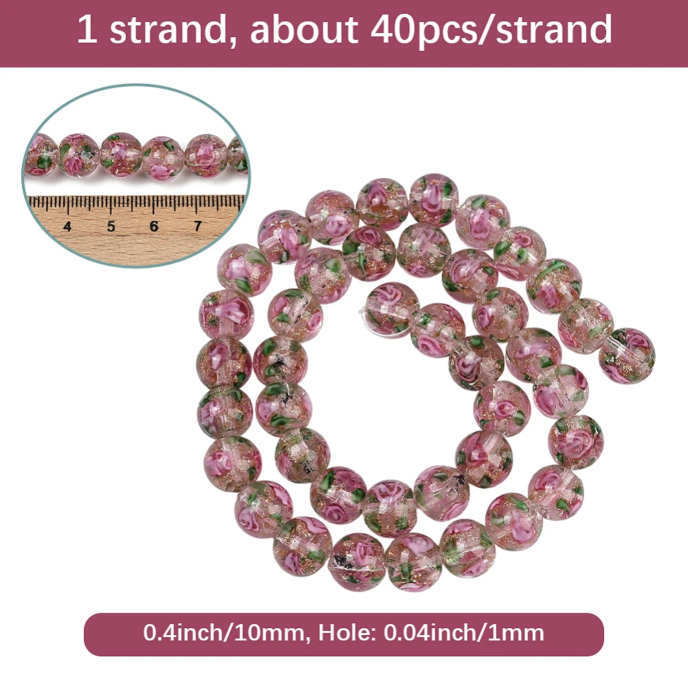 40PCS 10MM Pink Rose Round Flower Beads with Holes Lampwork Glass Floral Handmade Gold Sand Murano Spacer Loose Bead Strand Bulk