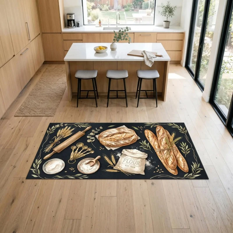 Newest Doormat Watercolor Bread Baking Tools Wheat Print Washable Non Slip Long Kitchen Runner Rug for Living Room Bedroom