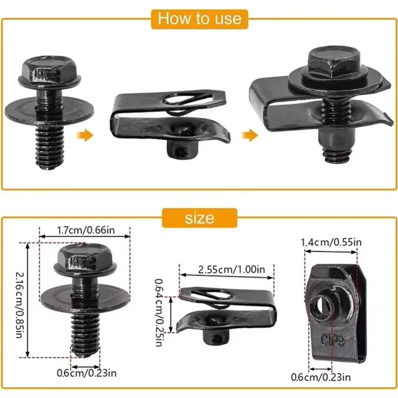 10/20pcs Car Body Bolts & U-nut Clips M6 Engine Cover Undertray Floor Splash Guards, Bumper Washers Fastener Rivet Screw