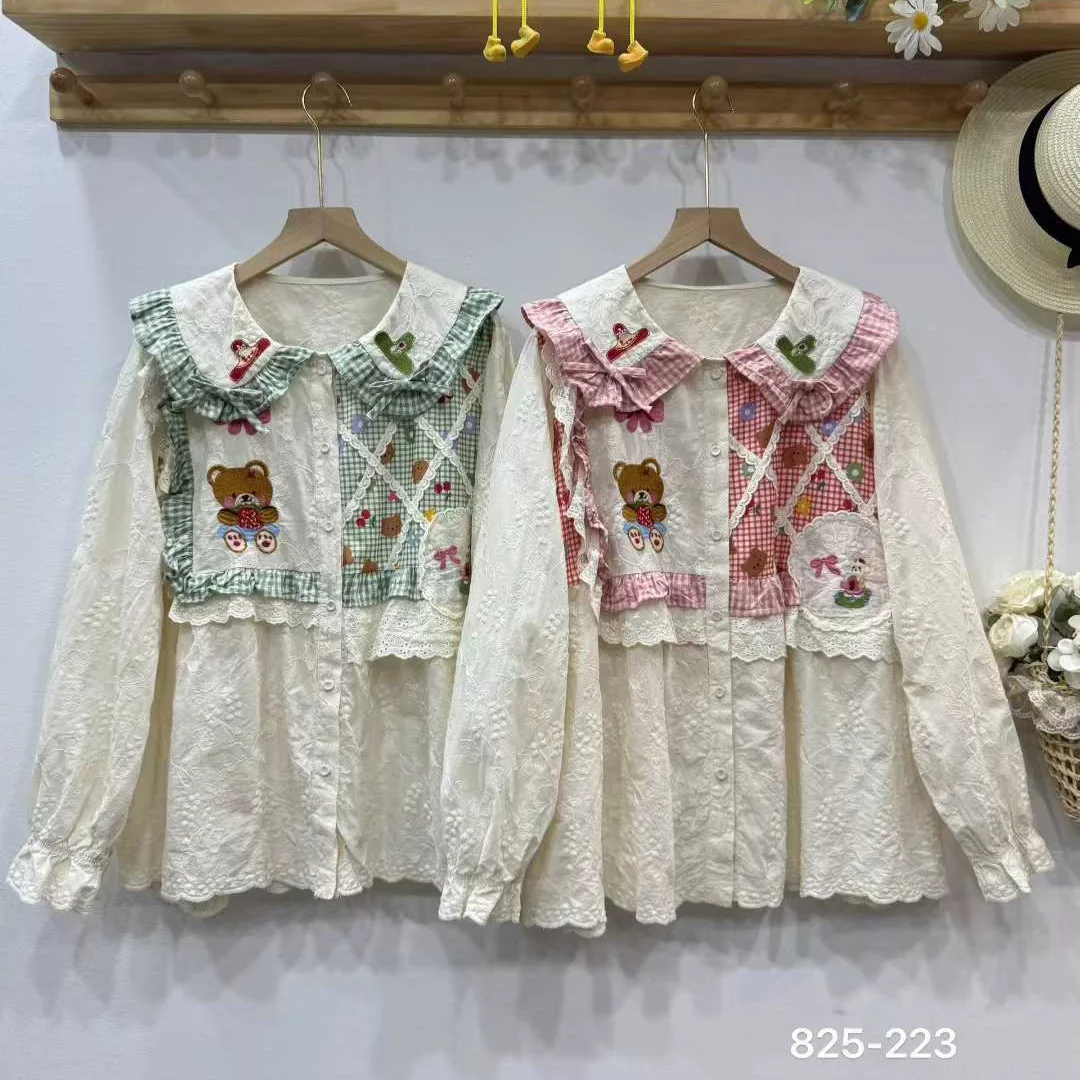 

Women Autumn Sweet Mori Girl Plaid Cartoon Embroidery Cotton Shirts Cute Peter Pan Collar Long Sleeve Casual Loose Blouse Tops
