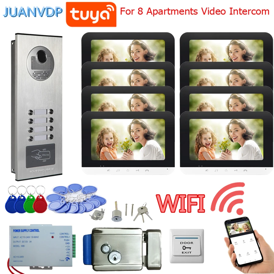 For 8 Apartments Video Door Phone Home Intercom System WiFi Smart Video Doorbell 7 Inch with Wired Doorbell TUYA APP With Lock