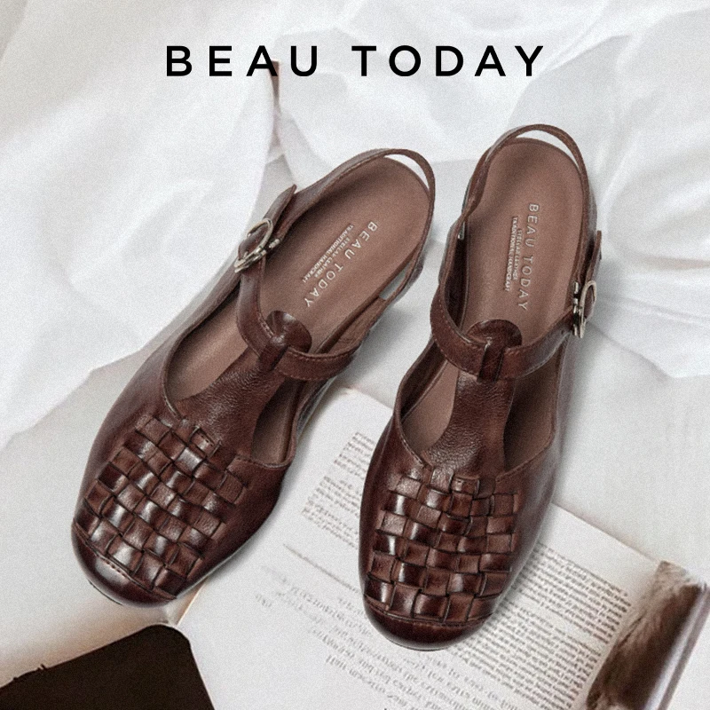 

BEAUTODAY Woven Sandals Women Cow Leather Buckle Band T-strap Waxing Round Cover Toe Flats Summer Ladies Shoes Handmade 33120