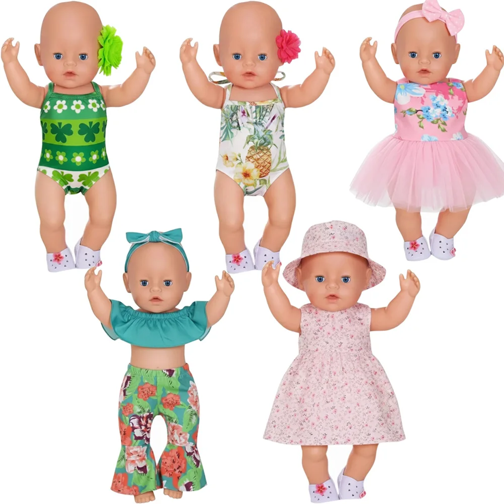 5Pcs Doll Clothes Daily Pretty Dresses Top+Pant For 43CM Born Baby Doll Clothes 18Inch American Doll Set,Festival Gifts Girl Toy
