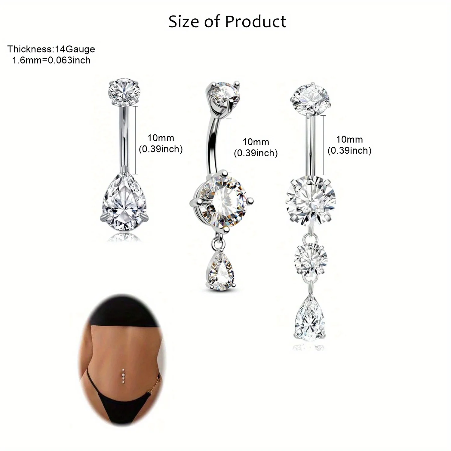 3pcs CZ Dangle Belly Button Ring Set, Stainless Steel