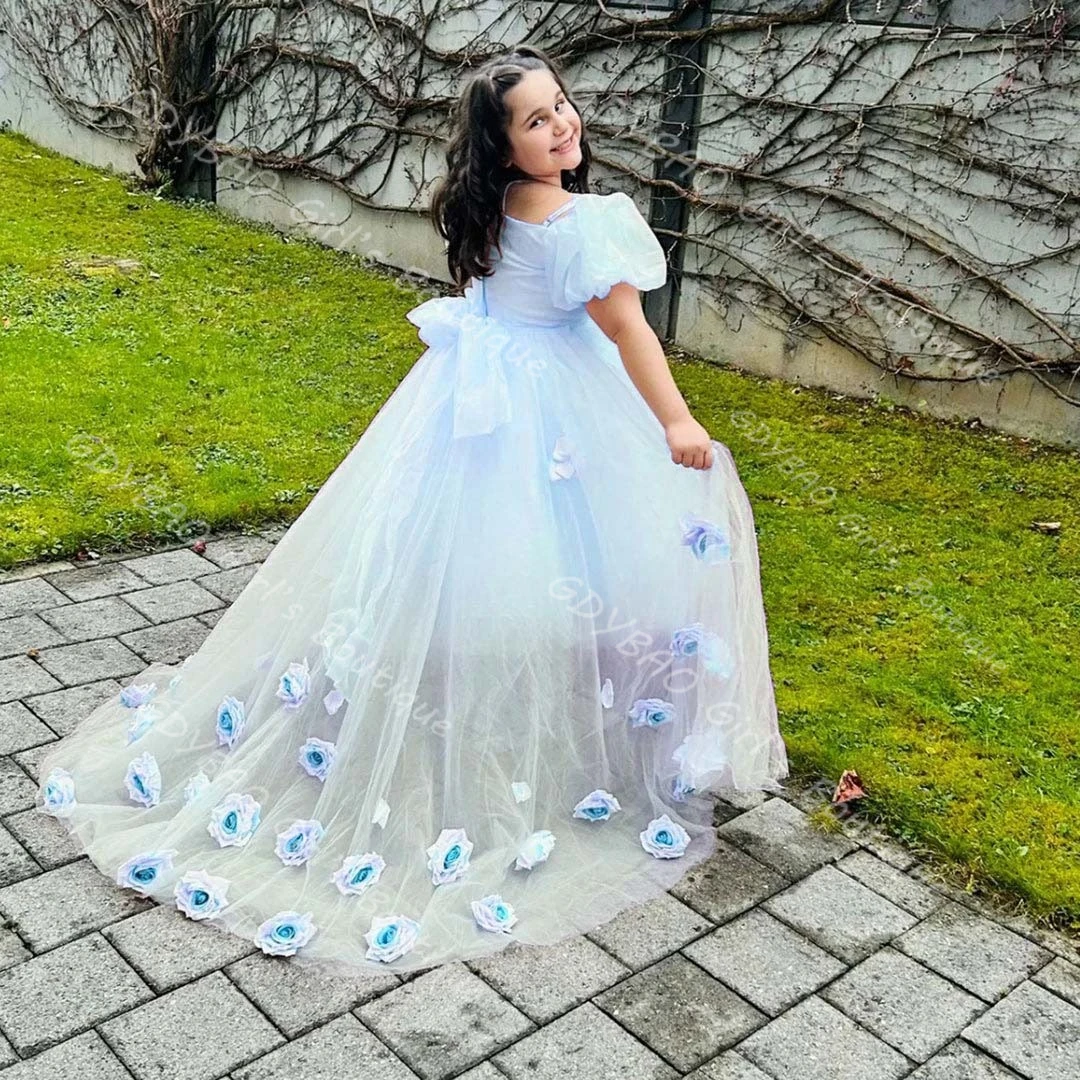 여아용 핑크 튤 공주 드레스, 트레인 있는 오프숄더 퍼프 소매 플라워 걸 드레스, 어린이 맞춤 웨딩 파티 가운