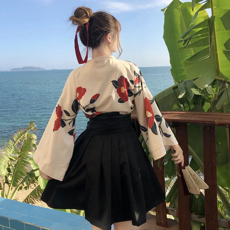 Japanse traditie kimono kostuum bloemen shirt blouse tops plooirok vrouwen gewaad bloem yukata jurk lolita festival outfit