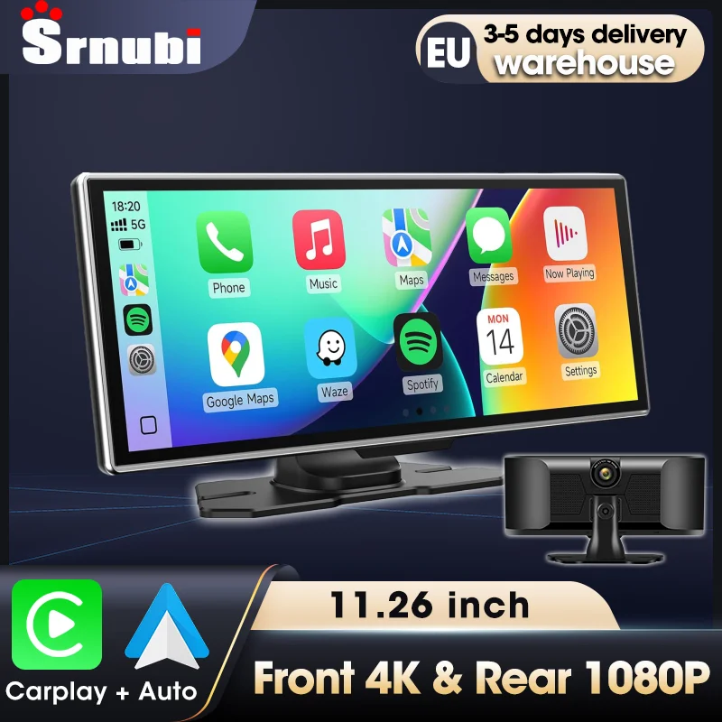 Srnubi Telecamera DVR da 11,26 pollici 4K, Telecamera Posteriore, Wireless Carplay, Android Auto, Navigatore, Registratore, MirrorLink per Cruscotto