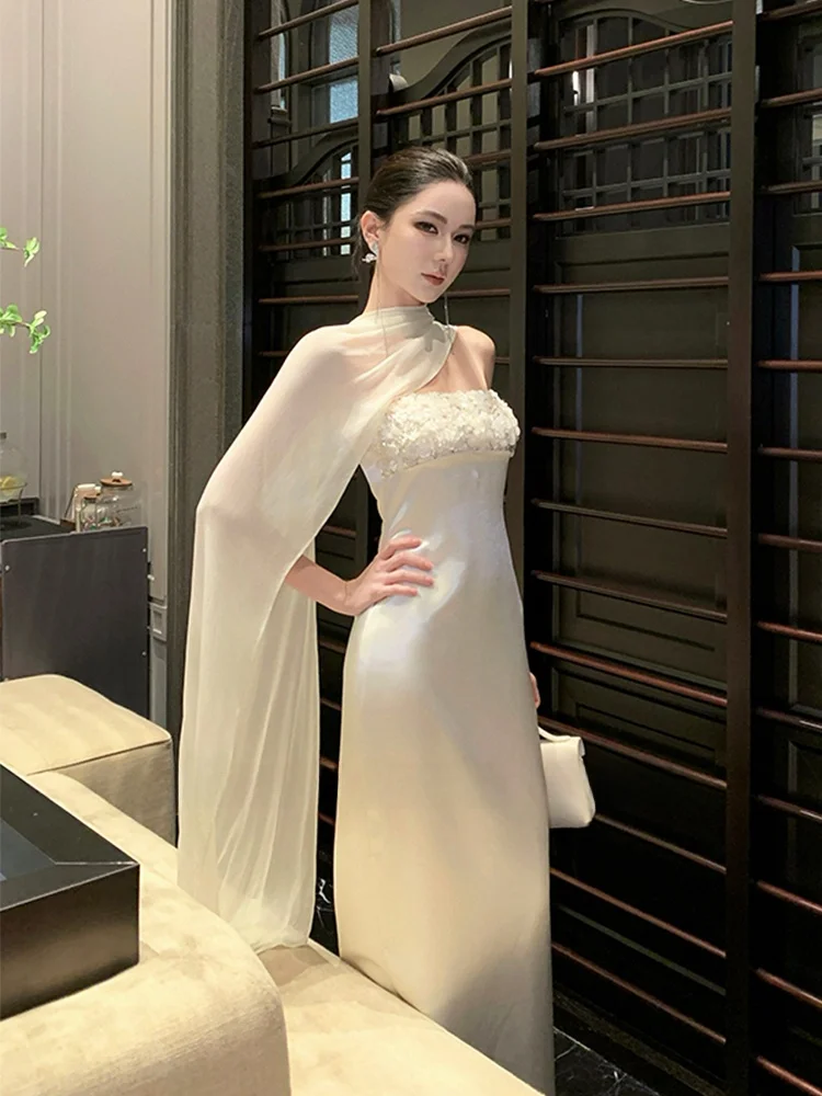 

Элегантное белое вечернее платье без бретелек с пайетками, длинной юбкой, завышенной талией и молнией, женское.