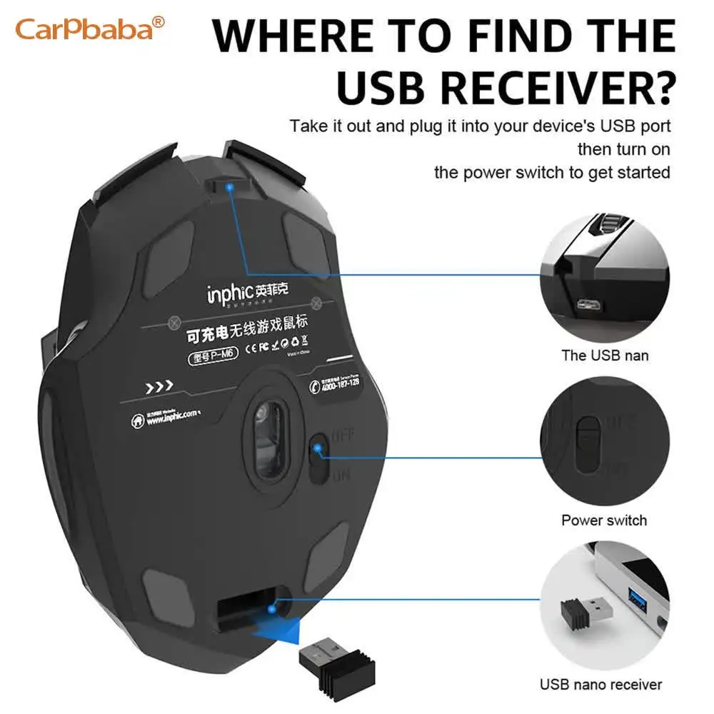 PM6 Wireless Mouse Rechargeable 2.4GHz USB Office Mute Bluetooth Mouse 6 High Effecient Buttons For PC Laptop Tablet Mobile