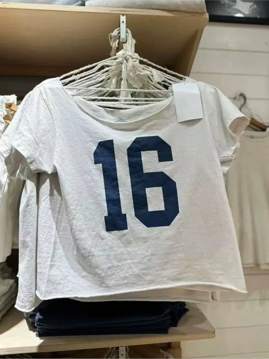 NO.16 Print Raw Hem Gray T-shirts Women New Casual Simple Cotton Slash Neck Short Sleeve Crop Tops Vintage Sweet Cute Tshirt Y2K