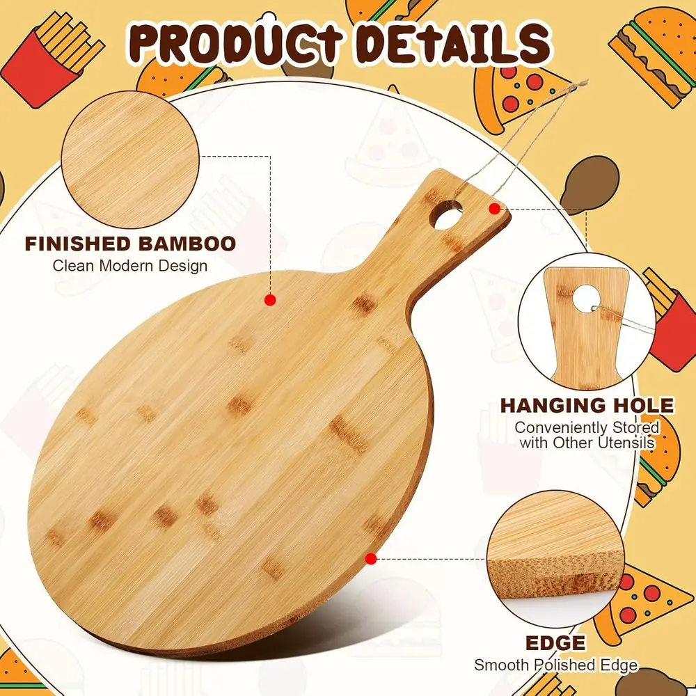 12 Bamboo Round Cutting Board with Handle, Set of 10, Ideal for Kitchen Prep, Baking, and Serving Pizza, Bread, Cake, Cheese, Fr