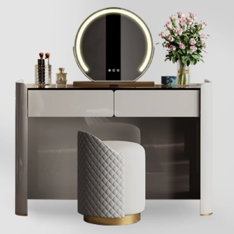 Minimalist dressing table, bedroom, modern high-end marble glass, baked paint, light luxury bucket cabinet storage