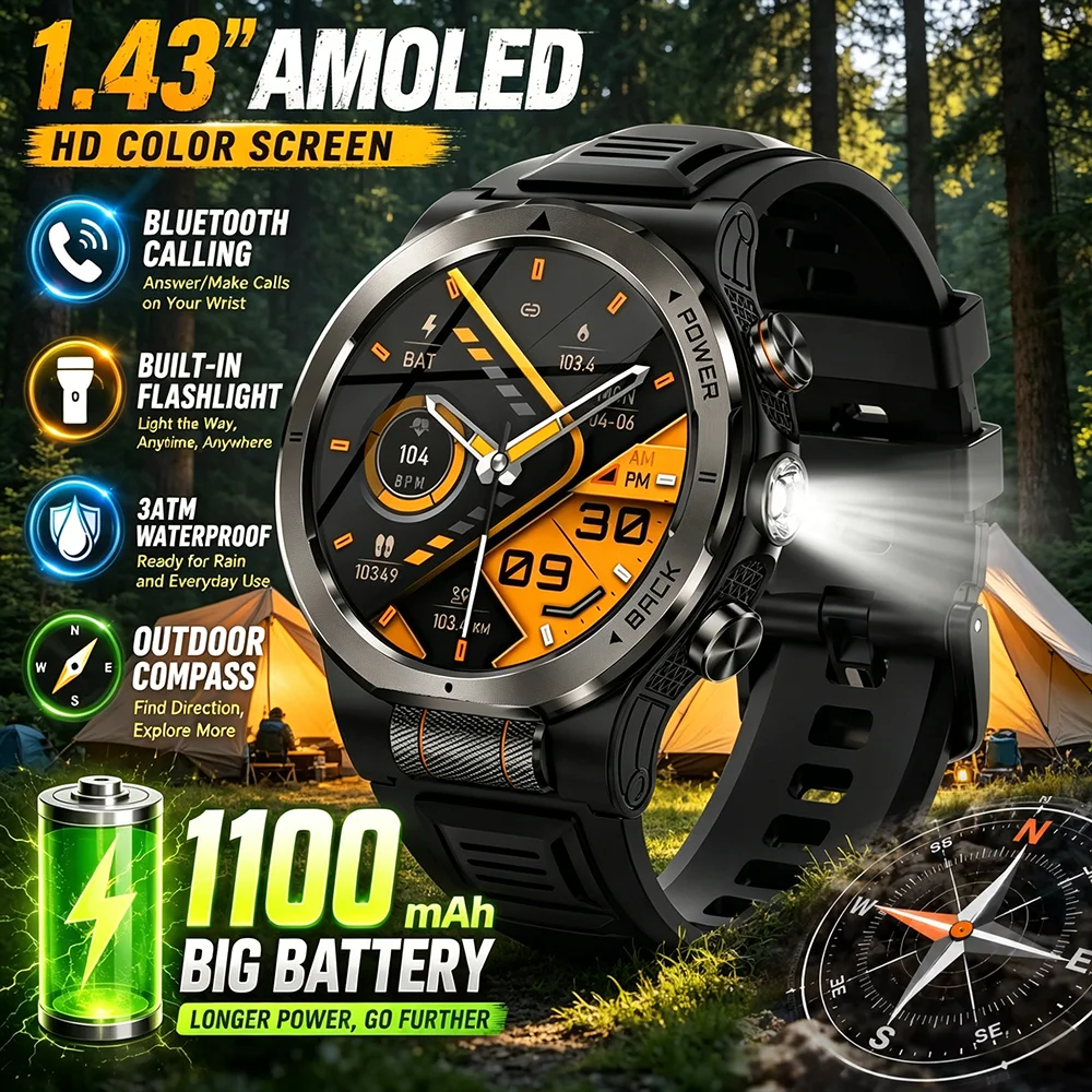 

DAORKOW New 1100mAh Battery Military Smart Watch Men 3ATM Waterproof Heart Rate Tactical LED Flashlight Compass Sport Bracelet