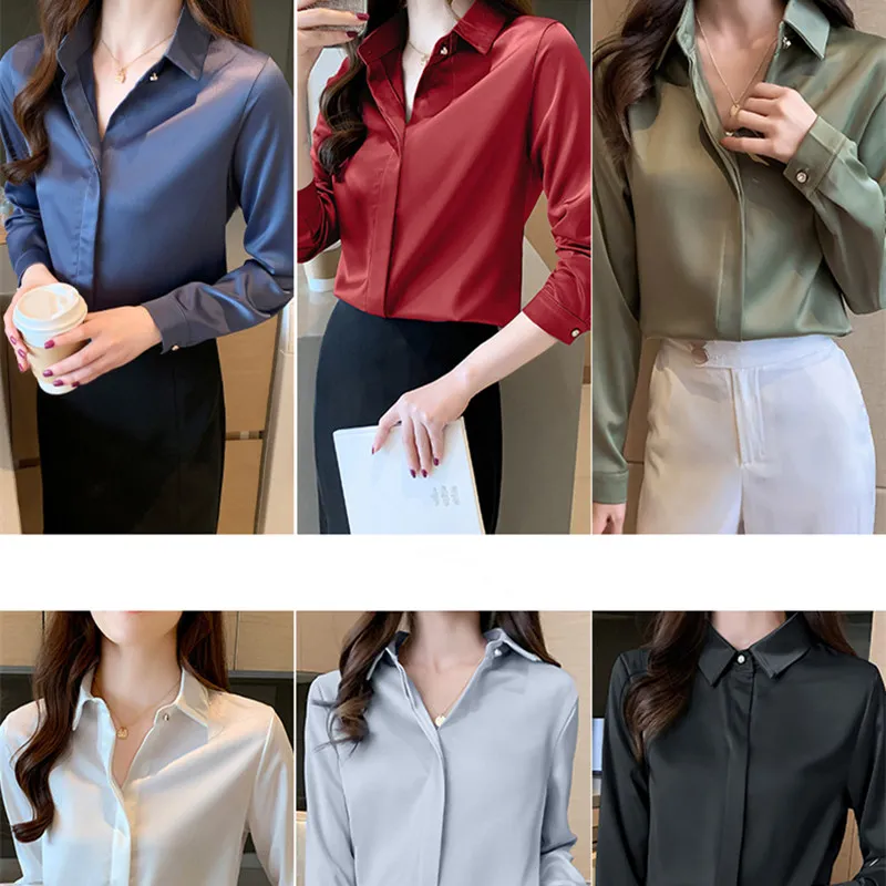 2023 Autumn Women\'s Shirts Satin Blouse for Women Long Sleeve Shirt Silk White Shirt OL Woman Solid Blouses Pullover Ladies Tops