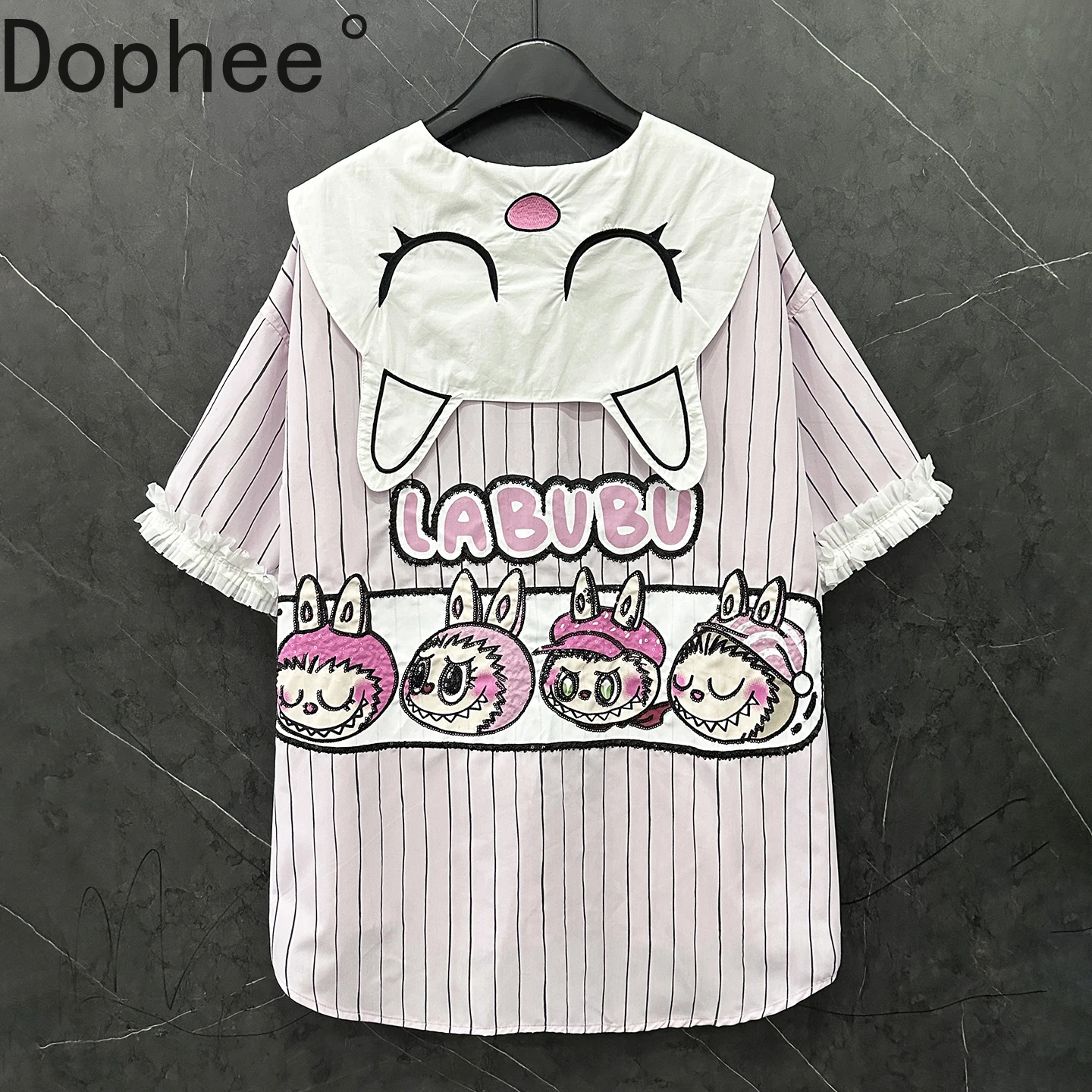 

Sweet School Students Loose Striped Female Blouses Summer Sequins Cartoon Peter Pan Collar Cardigans Top Short Sleeve Shirts