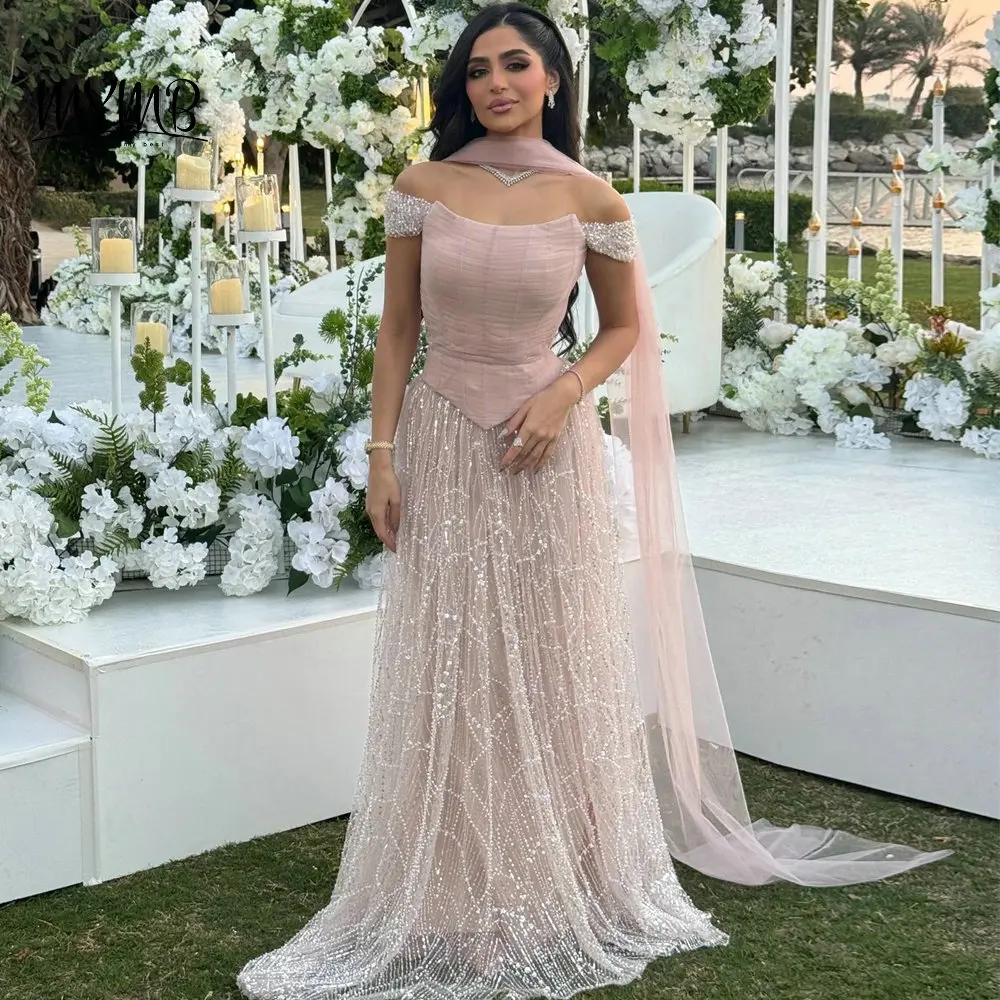 MYMB nouveau Style orné de paillettes de perles exquises élégant hors de l'épaule une ligne robe de soirée pour occasion formelle MB40432