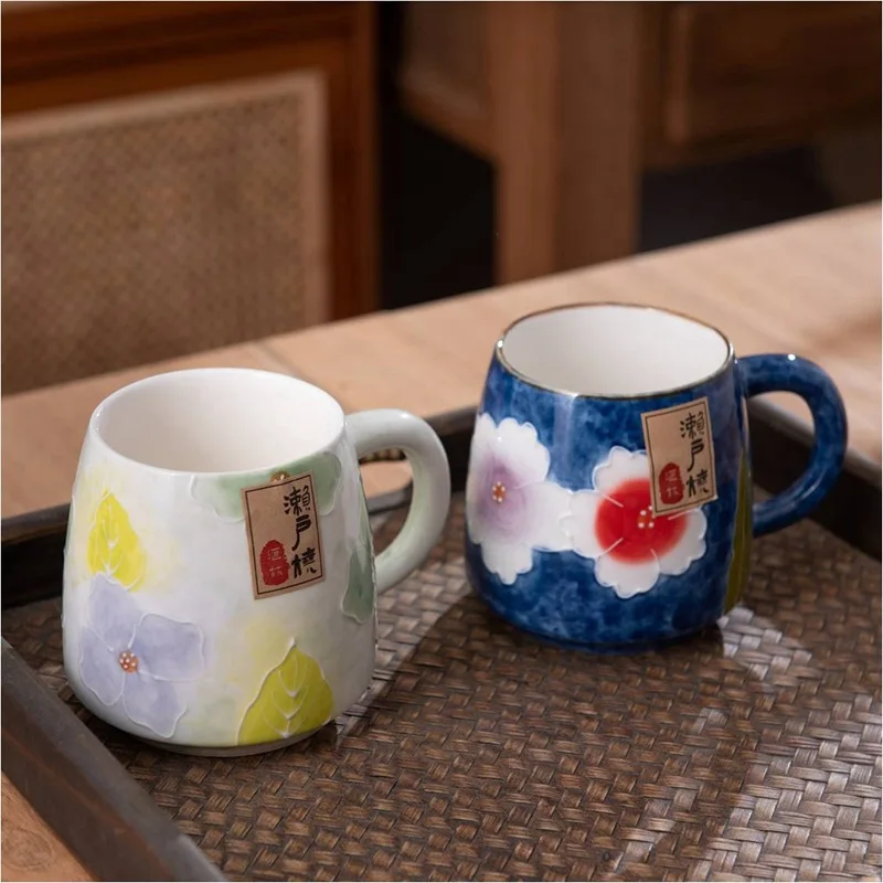 Setoyaki-Hand-painted Ceramic Mug, Japanese Style, Household, Children Coffee, Milk, Water Cups, Flower Language, Breakfast Cup,