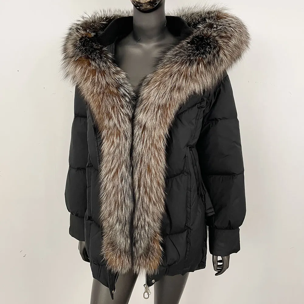 Natural Raccoon Fur Hooded Elegant Real Fur Coat Puffer Jacket Women Waterproof Parka Fox Fur Coat Winter Goose Down Coat Female