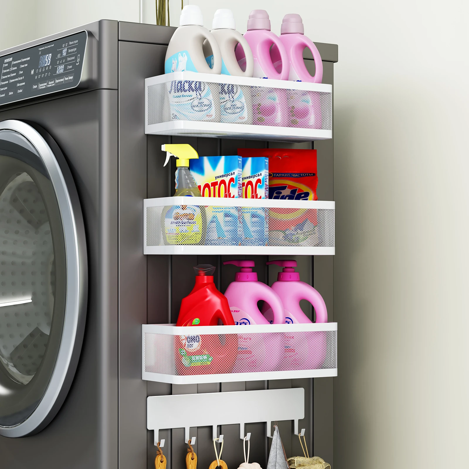 1-set-multifunctional-magnetic-washing-machine-organizer-no-drill-storage-basket-strong-magnetic-hanger-for-kitchen-and-refrigerator-balcony-and-laundry-room-organization-tool-with-hooks