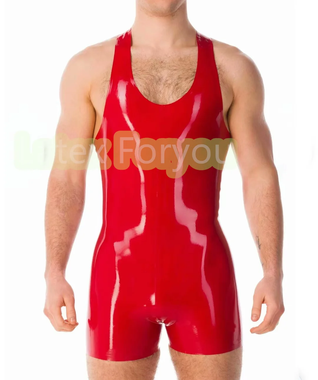 

Handmade Sleeveless Latex Male Catsuit Sexy Rubber Bodysuits Half Pants Men’s Tight Clothing Fetish Jumpsuit without Any Zipper