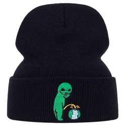 Unisex Alien Embroidery Beanies Autumn and Winter Outdoor Warm Knitted Hat Hip Hop Caps for Women Men