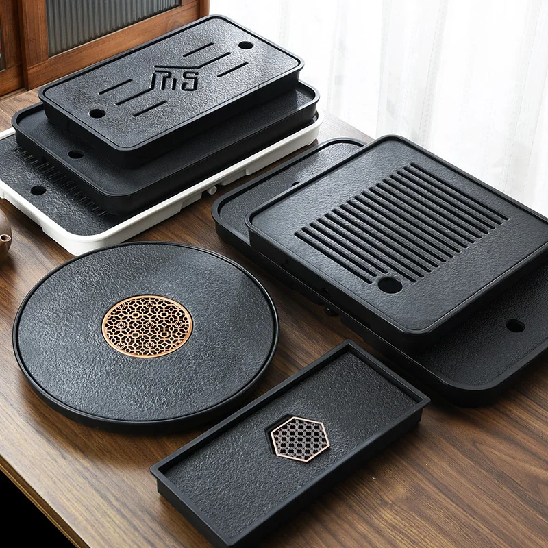 Black Gold Ceramic Stone Tea Tray for Home Storage and Drainage, Dry Brewing Table, Tea Ware, Cup, Plastic Pallet Bottom