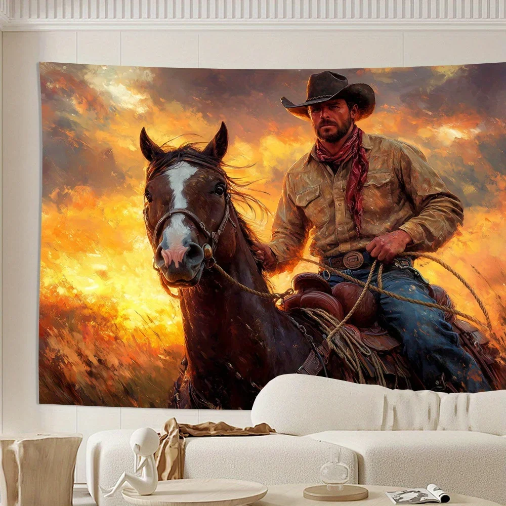 Vintage Denim On Horseback Golden Sunset Dynamic Action Polyester Wall Hanging Any Occasion Rustic Western Tapestry