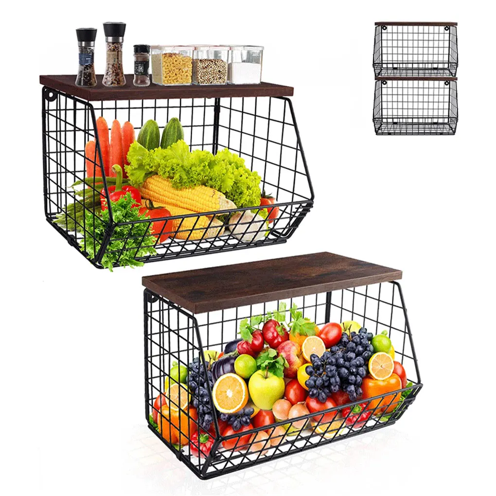 Pack of 2 Multifunctional Kitchen Iron Fruit Basket Stackable Vegetable Storage Basket Home Wall-Mounted Snack Storage Rack