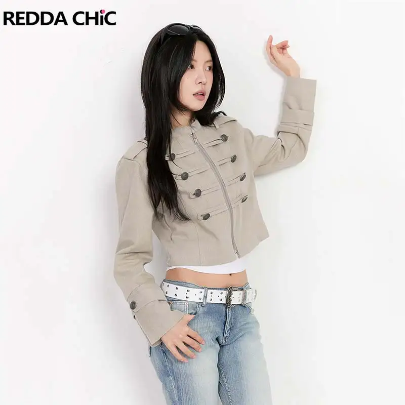REDDACHiC Khaki Retro Women Cropped Jacket New In Double-breasted Cleanfit Long Sleeve Stand Collar Windbreaker Autumn Outerwear