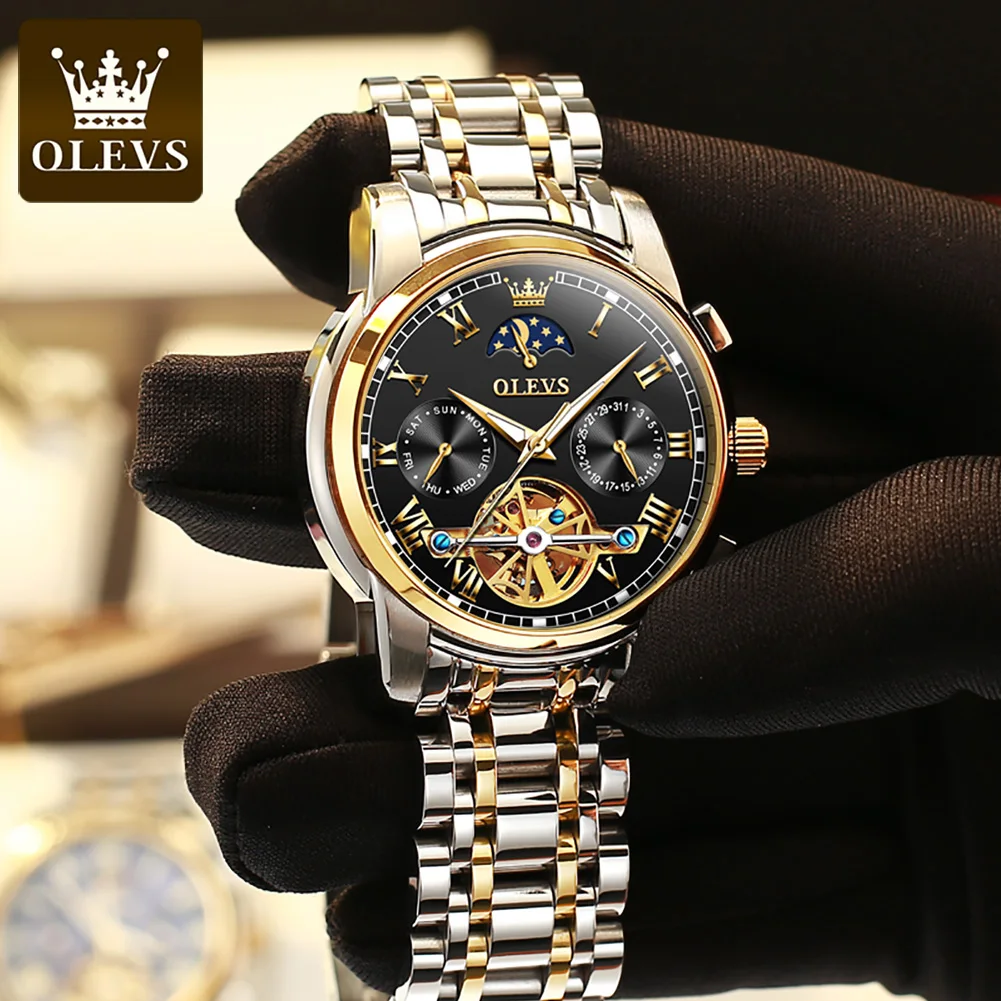 OLEVS Original Automatic Mechanical Watch for Men Brand Luxury Moon Phase Tourbillon Wristwatch Waterproof Luminous Moonswatch