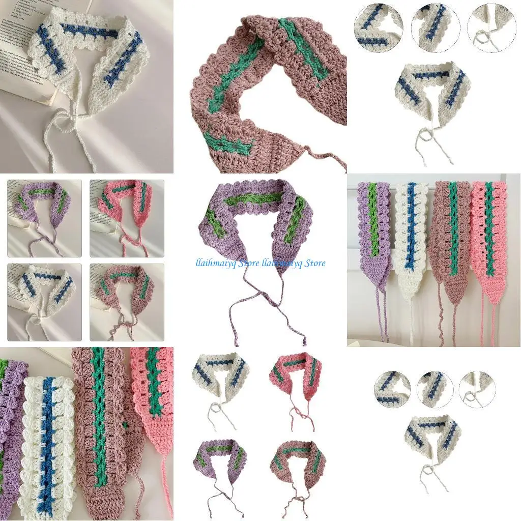 

573B Crocheted Hairband Wrap Headwraps Elaborate Head Scarf Crocheted Handwoven Headwear Contrast Color